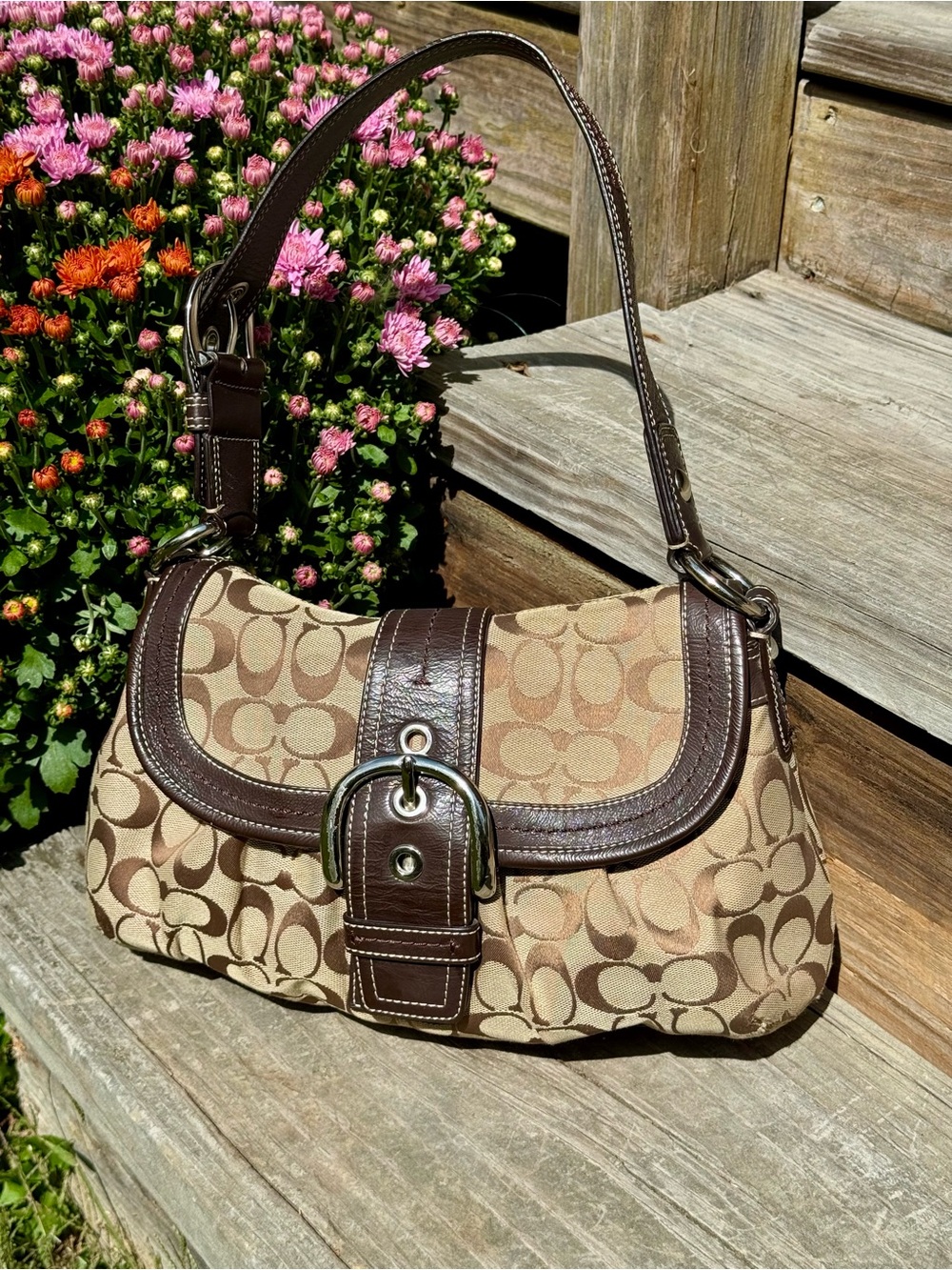 Coach Brown Signature Canvas Shoulder Bag with Dark Brown Leather Trim